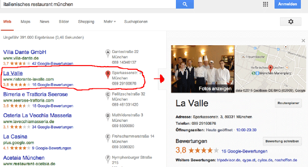 Links: Google local Search Ergebnisliste - Rechts: Detailansicht eines Restaurants