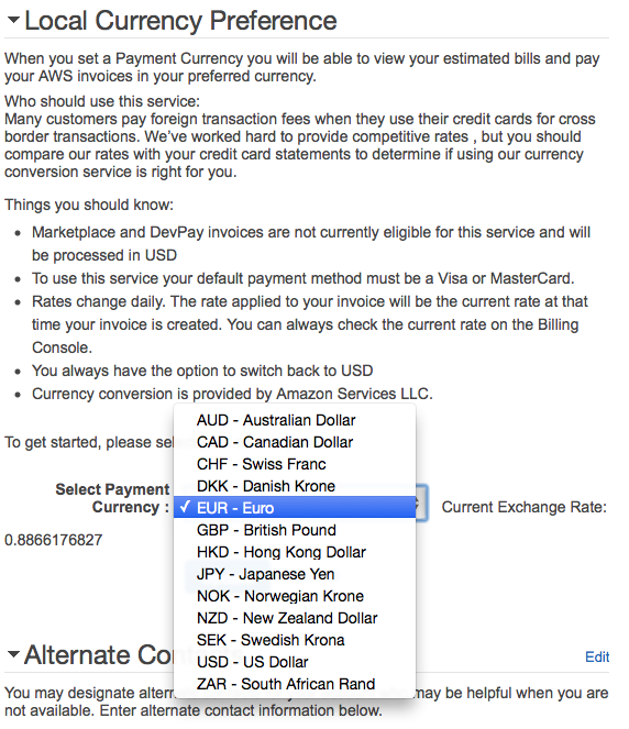 Amazon Web Service Rechnung Währung auswählen