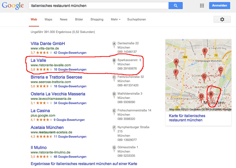 Google Lokale Suche - Suchergebnis
